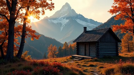 Serene Autumnal Vista Rustic Cabin Nestled Amongst Vibrant Fall Foliage and Majestic Mountain Peak at Sunset