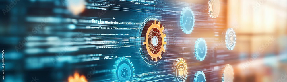 Poster innovative digital technology concept featuring gears and data networks symbolizes automation, effic