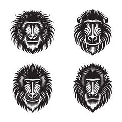 Detailed Silhouette of a Mandrill Face Isolated on White Background in Monochrome