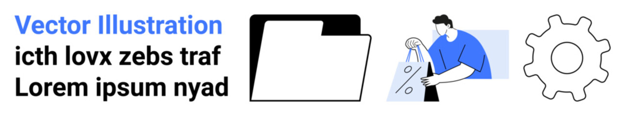 Folder representing document storage, character carrying a shopping bag symbolizing consumer actions, and a gear icon indicating settings or process optimization. Ideal for business processes