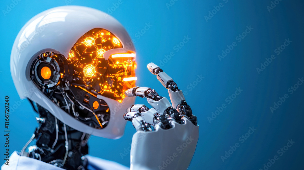 Poster futuristic robot with glowing, circuit like face is deep in thought, symbolizing advanced technology and artificial intelligence. This captures essence of innovation and robotics