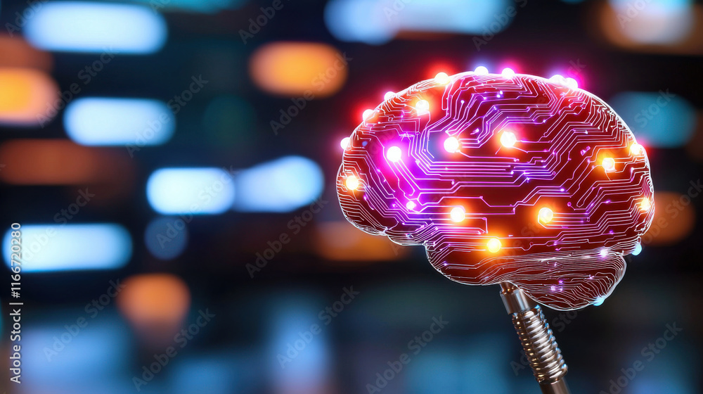 Poster conceptual digital brain with circuits and data streams, illuminated with vibrant colors, symbolizes advanced technology and artificial intelligence