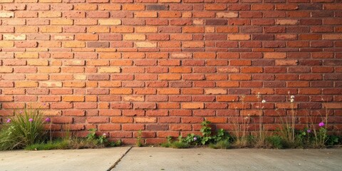 A rustic brick wall backdrop with wildflowers sprouting at the base, providing a natural contrast against the aged brickwork.
