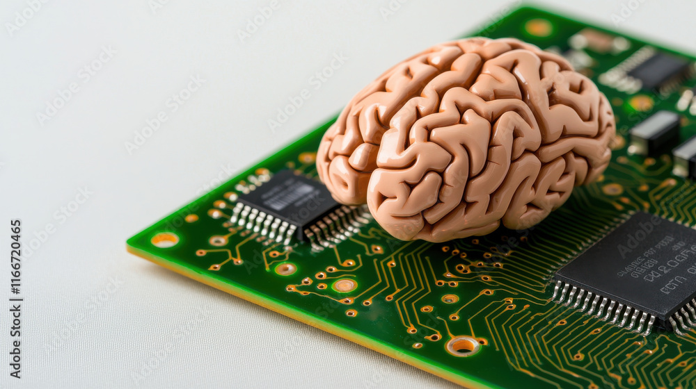 Poster conceptual image of artificial intelligence represented by brain on circuit board, symbolizing fusion of technology and human cognition