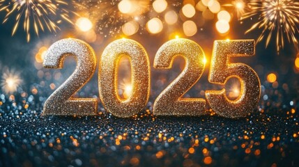 Golden number "2025" surrounded by fireworks on the background, bright lights, full of New Year atmosphere, festive decoration