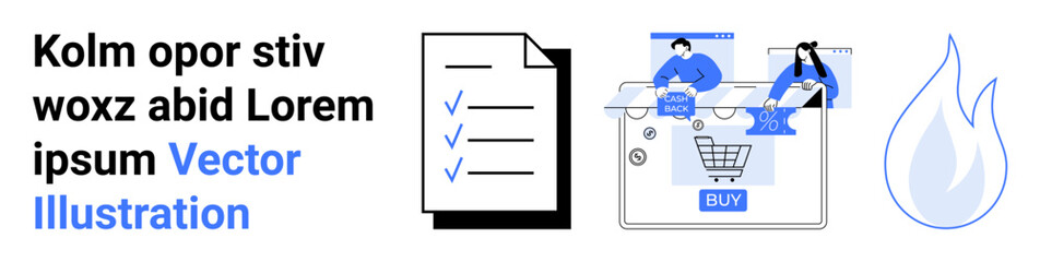 Shopping cart with buy button and users browsing, checklist with ticks, blue flame icon. Ideal for e-commerce, task management, UIUX design, online shopping, productivity, project planning marketing