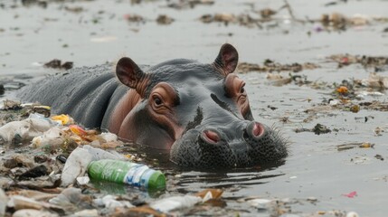 Fototapeta premium Hippo Surfacing Amidst Plastic Pollution in River Global Warming Concerns Wildlife Crisis