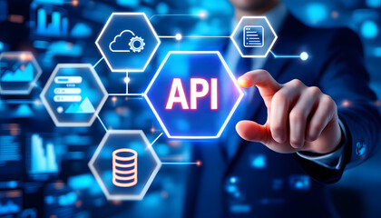 API Concept, Man Pointing at Digital Interface with Icons, Application Programming Interface, Technology and Data Integration, API Development, Connecting Software and Data with Technology