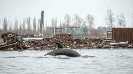 Porpoise Pod Navigates Ocean Trash Industrial Waste Floating Plastic Pollution Global Warming Crisis