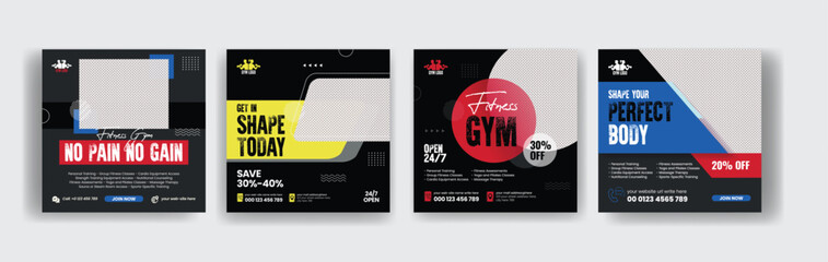 Editable Gym and fitness social media post banner set, sports training promotional advertising for 
square flyer or poster and web banner design