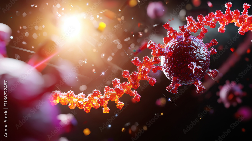 Fototapete digital illustration of virus structure with RNA strands, showcasing intricate details and vibrant colors. image captures complexity of viral biology and gene editing processes