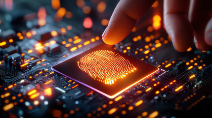 digital fingerprint being scanned on circuit board, showcasing advanced security technology. glowing patterns highlight integration of AI in biometric systems