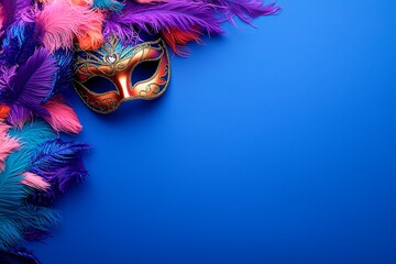 Colorful carnival mask with feathers on blue background
