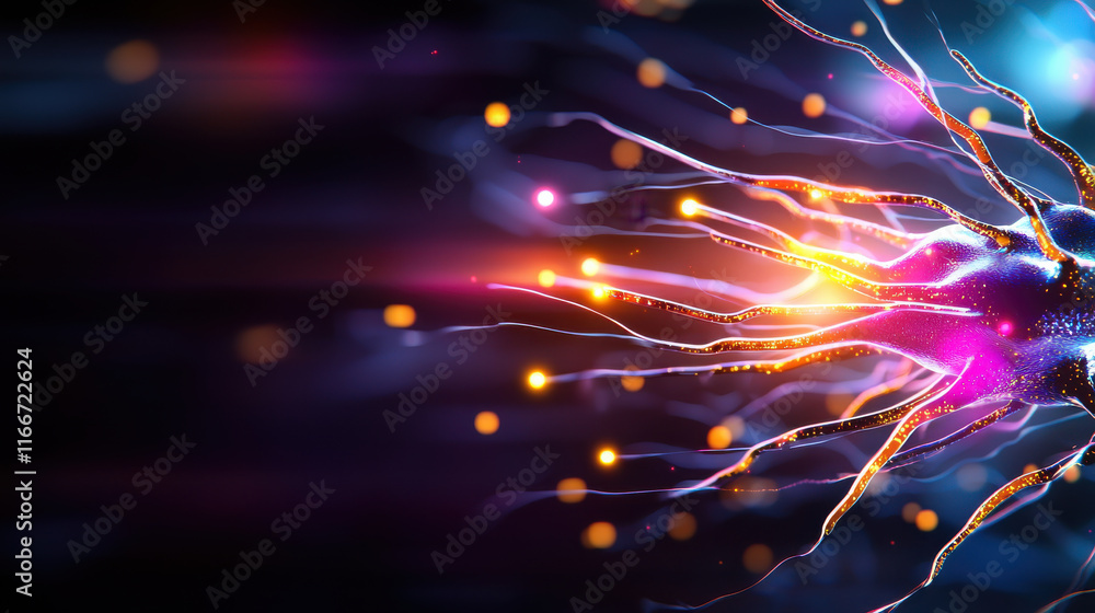 Poster vibrant digital representation of neural network, showcasing colorful connections and glowing nodes. This abstract image illustrates complexity of deep learning processes and artificial