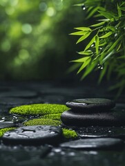 Tranquil Zen Garden with Black Stones, Green Bamboo, and Moss