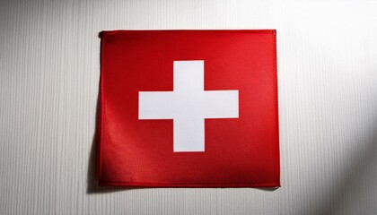 Fototapeta premium The Swiss flag with its simple white cross on a red square, placed against a plain white background.