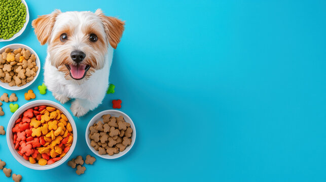 happy dog sits next to colorful bowls of pet food, eagerly anticipating meal. vibrant colors of food contrast with blue background, creating cheerful scene