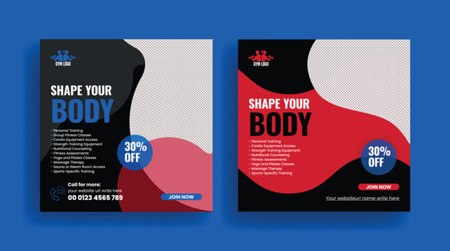 Online Gym and Fitness trainer, personal trainer, yoga, training, Workout social media post banner or editable square flyer or poster and web banner, ads design