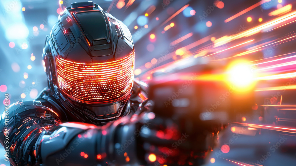 Poster dynamic gaming avatar equipped with high tech armor, showcasing futuristic design and vibrant lighti