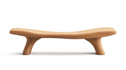 A wooden bench with a curved back and a tree trunk leg on transparent background