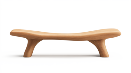 A wooden bench with a curved back and a tree trunk leg on transparent background