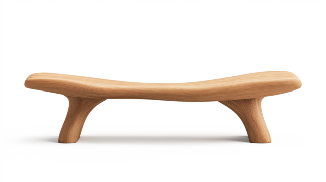 A wooden bench with a curved back and a tree trunk leg on transparent background