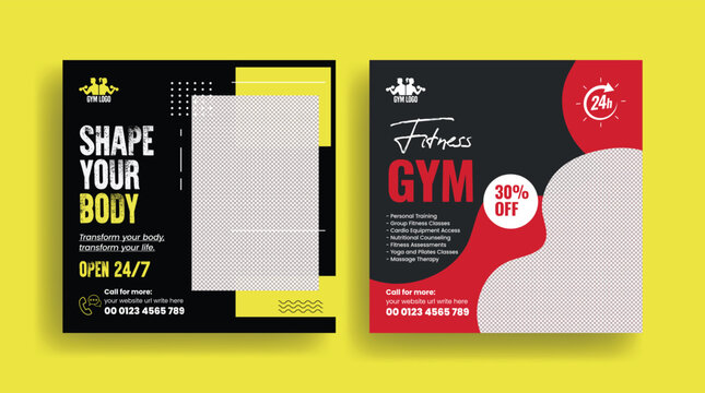 Online Gym and Fitness trainer, personal trainer, yoga, training, Workout social media post banner or editable square flyer or poster and web banner, ads design