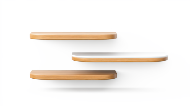 Three shelves made of wood with white trim on transparent background