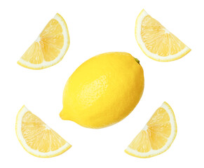 Top view set of fresh ripe yellow lemon fruits with halves or quarter slices isolated with clipping...