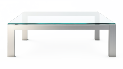 A glass coffee table with a silver frame on transparent background