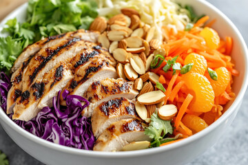 Chicken salad with ginger-soy dressing in a white bowl