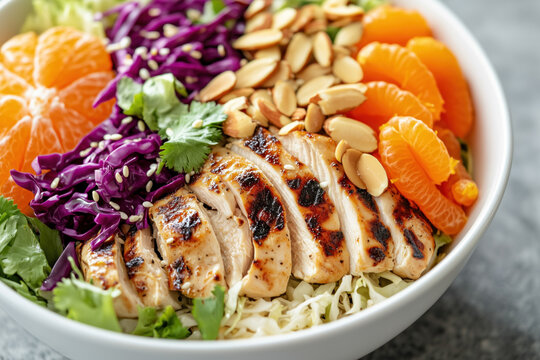 Asian chicken salad with ginger-soy dressing in white bowl