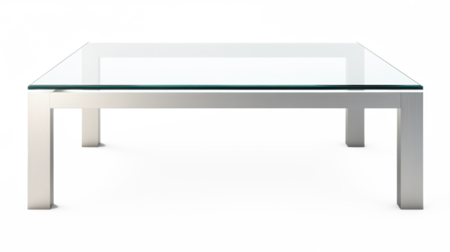 A glass coffee table with a silver frame on transparent background