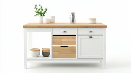 A white kitchen island with a wooden top and drawers