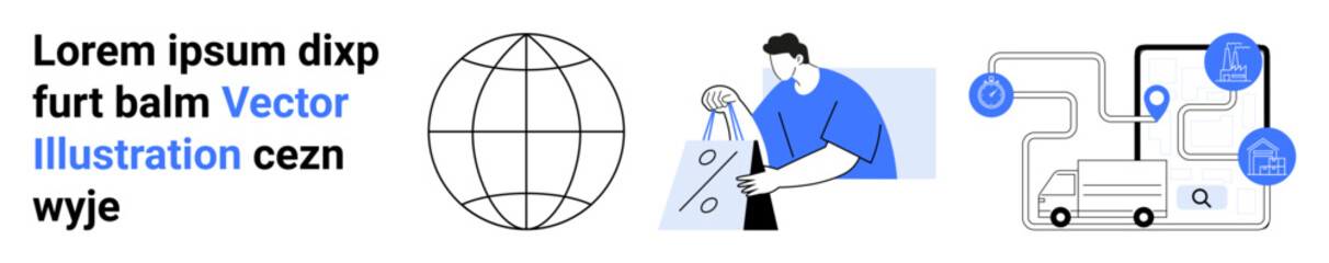 Globe representation with data points, person analyzing graphs, and logistics flowchart with truck and data connections. Ideal for business strategy, network planning, digital marketing, e-commerce