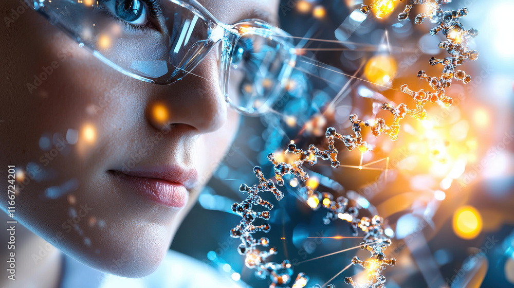 Poster researcher using crispr technology to design gene editing, showcasing dna strands and scientific inn
