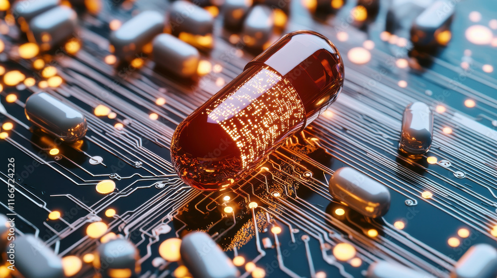 Poster smart pill technology representing breakthrough in healthcare innovation, showcasing capsule on circ