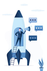 Business startup concept. Businessman holding loudspeaker and announcement new project launch. Rocket and founder with megaphone, promotion campaign, marketing.