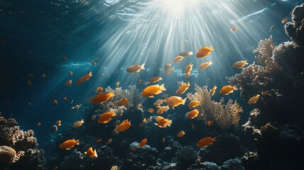 Vibrant Fish Swimming Through Coral Forest With Sunlight