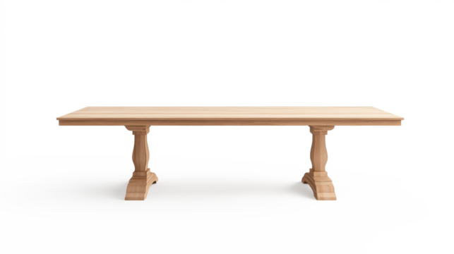 A long wooden table with a white background on transparent background