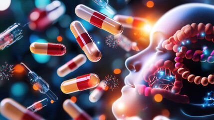 Personalized medicine revolutionizing mental health with innovative treatments, showcasing capsules and DNA strands. future of healthcare is bright and transformative