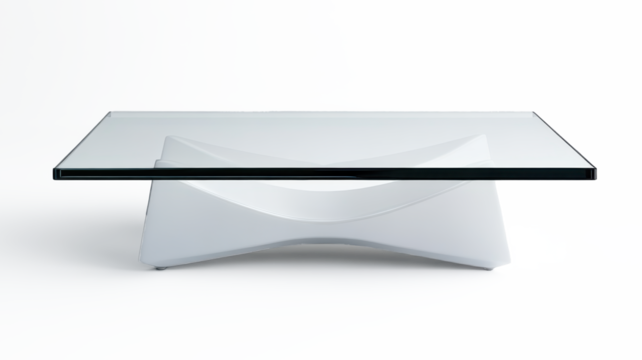 A glass coffee table with a white base and a curved top on transparent background