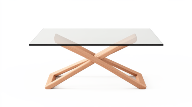 A wooden table with a glass top on transparent background