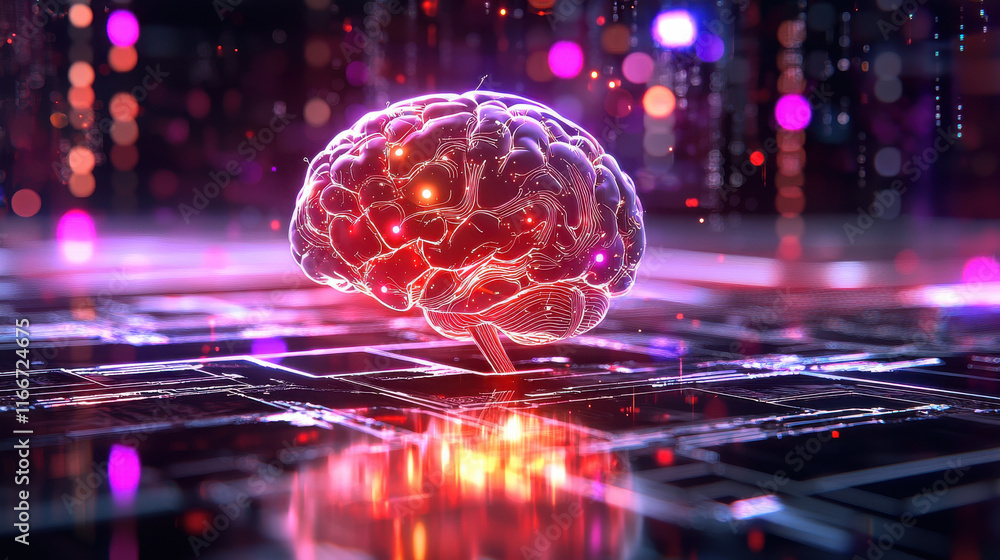 Poster digital brain representing artificial intelligence and data processing, surrounded by vibrant lights
