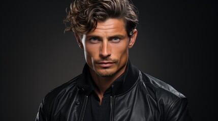 Obraz premium Intense Gaze: A Portrait of a Man in a Leather Jacket