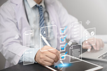 physician assessment expert checks patient care quality, hospital assessment of treatment and...