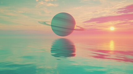 Fototapeta premium Pierścieniowa planeta wznosi się nad tajemniczym oceanem, którego odbicie ukazuje surrealistyczne barwy w kosmicznym krajobrazie. 