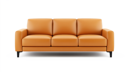 A tan leather couch with three cushions on transparent background