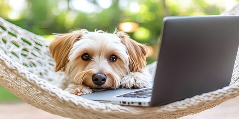 dog laying in hammock with laptop