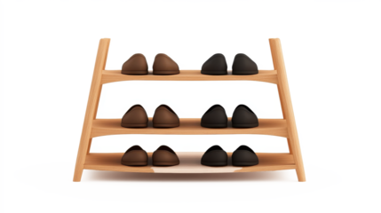 A wooden shoe rack with three shelves on transparent background